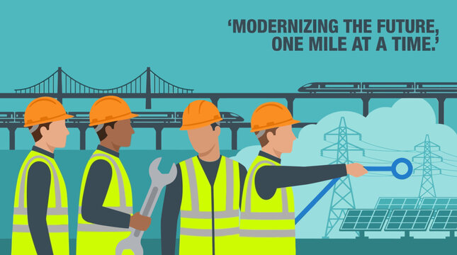 Workers in high visibility vests and helmets standing near solar panels with a bridge