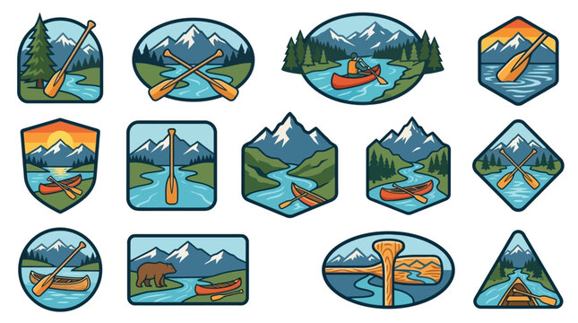 Clean Vibrant Illustrations of Outdoor Canoeing and Paddle Sports Scenes with Mountain Backdrops