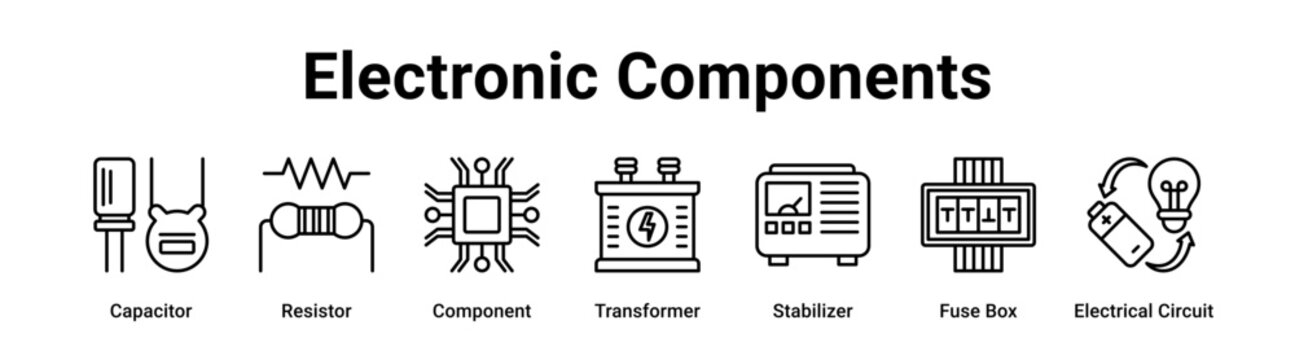 Electronic Components web banner icon vector illustration concept for technology with icon of Capacitor, Resistor, Component, Transformer, Stabilizer, Fuse Box.