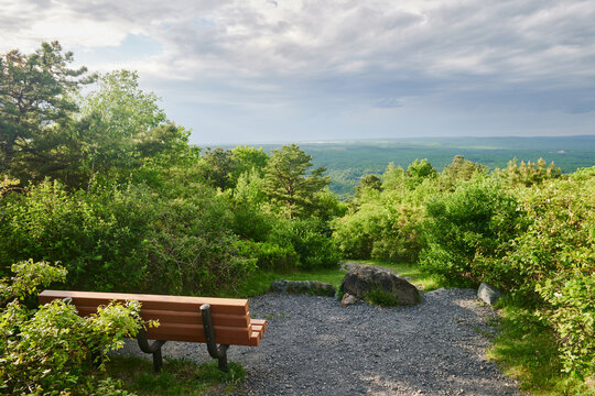 Bench at the summit overlook in Big Pocono State Park, located atop Camelback Mountain in Tannersville, Pennsylvania.
