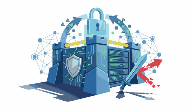 A blue server with a shield and padlock surrounded by network connections