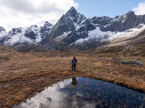 Lone hiker in alpine valley beneath snowy mountain peaks
