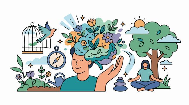 A colorful illustration of a man with a garden growing out of his head surrounded by symbols of serenity and freedom