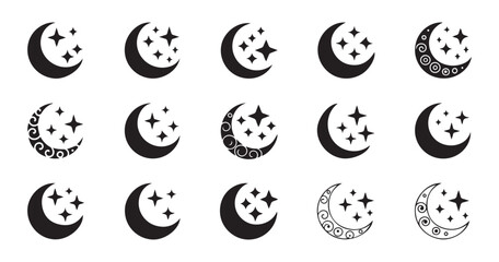 Collection of crescent moon and stars vector symbols featuring intricate patterns and simple solid designs. © Labib