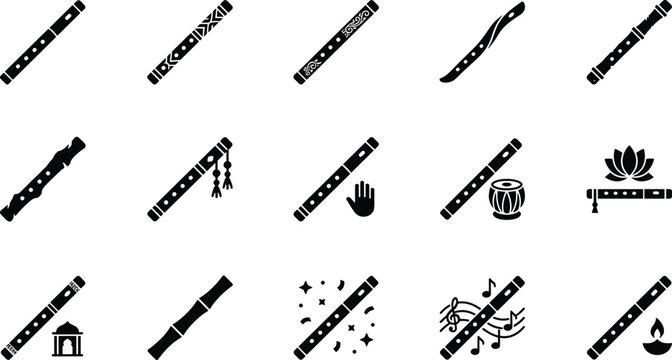 Set of traditional indian bamboo flute icons with cultural elements and musical symbols in black silhouette style