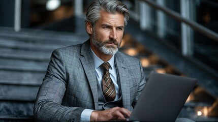 Fototapeta premium Focused businessman in a grey suit working on a laptop with a blurred office background for corporate presentations.