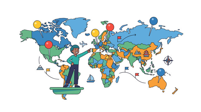 Colorful global interconnected world map with diverse student icons highlighting study abroad programs, concept for international education, university exchange promotions, travel planning, and