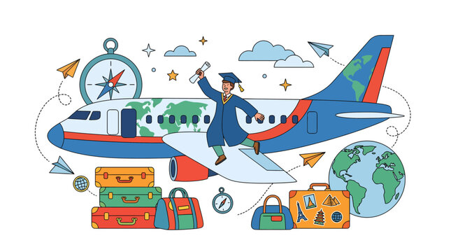Colorful illustrated airplane with diverse students and travel icons depicting global education opportunities, concept for study abroad programs, international student recruitment, university