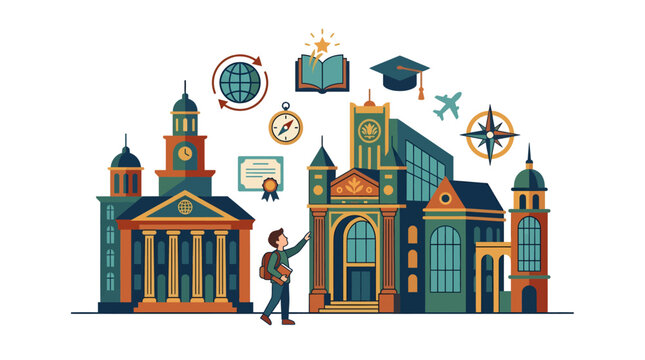 Colorful illustrated global landmarks with student and education icons, concept for study abroad programs, university exchange brochures, international education campaigns, academic mobility