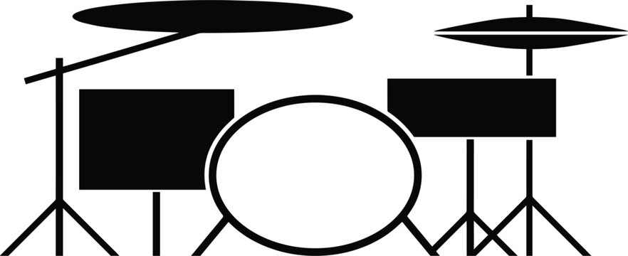 Acoustic drum kit musical instrument silhouette, percussion drums and cymbals set flat vector graphic illustration