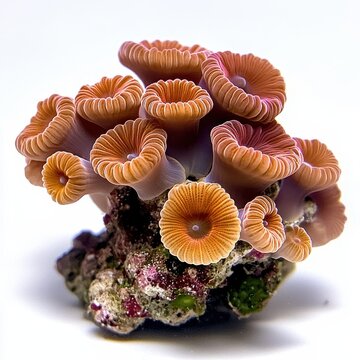 Orange and Reddish Brown Coral Cluster on Rock, White Background