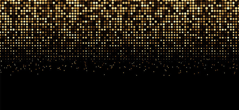 Luxury gold glitter background with shimmering confetti, sparkling dots and metallic sequins. Festive vector border for premium branding, celebrations, invitations, banners and holiday design.