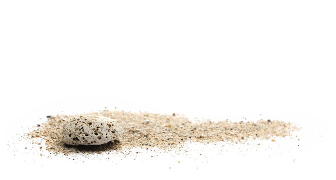 Pebbles, sea sand pile with stone isolated on white background, side view