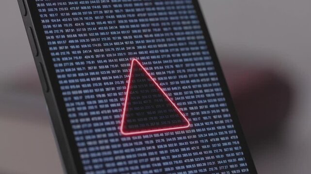 Smartphone display with red illuminated warning sign, computer crime, mobile phone hacked. Data in the background, wireless technology, system virus, network security, fire wall, privacy, safety.