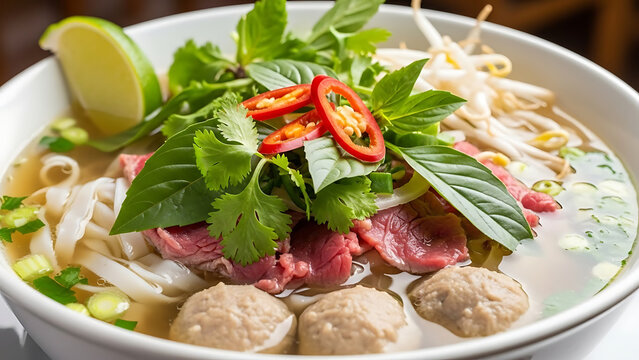 Traditional vietnamese beef pho noodle soup served in a white bowl with fresh lime cilantro basil chili peppers bean sprouts and savory meatballs for lunch