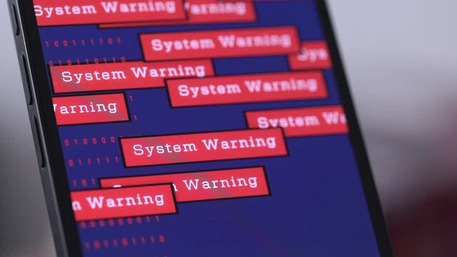 Smartphone screen system warning signs, cyber crime, system is hacked, unauthorizes access, virus detected. Data breach, computer attack, spyware, identity theft, network security, privacy, firewall, 