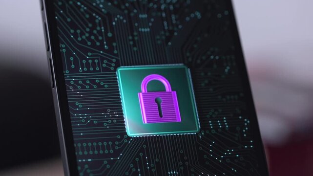 Smartphone screen, wireless data protection symbol, circuit board with processor to lock data, encryption, safety. Big data, firewall, digital data processing, binary code, computer crime, data.