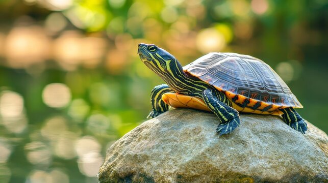 A painted turtle basks on a rock near a pond, sun shining on its shell.