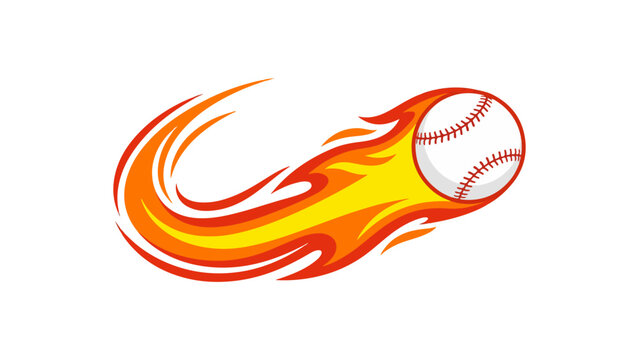 Fast baseball ball flying with a trail of bright orange fire and flames representing speed and power in sports