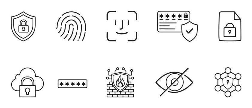 security and privacy icon set. authentication icons with shield lock, password, fingerprint, face id, password, firewall, vpn, encrypted file, cloud security outline vector illustration.