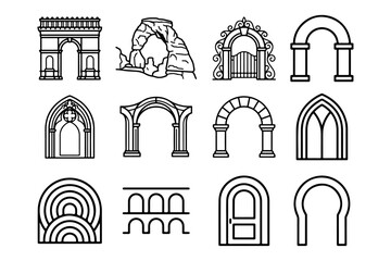 Fototapeta premium Architectural Arch Styles Large Line Icon Set Black Outline Vector Collection