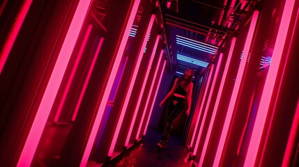 Obraz premium A person walks down a futuristic corridor lined with glowing pink and blue lights