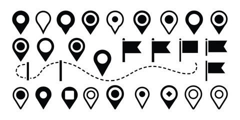 Location icon set in flat style, map pin pointer symbols for navigation, GPS tracking, travel apps, address marking, and geographic interface design. © Ayat0002