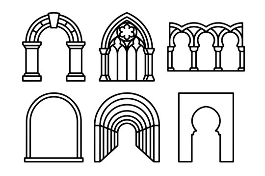 Architectural Arch Styles Outline Icon Set Large Black Line Vector Collection