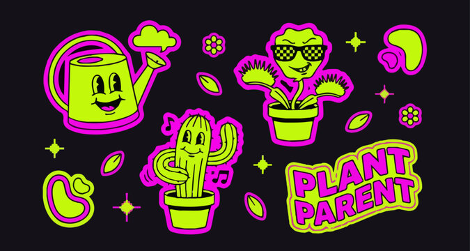 Vibrant neon green and pink cartoon plant characters including a cool Venus flytrap, a dancing cactus, and a smiling watering can, with 'PLANT PARENT' text, on a dark background.