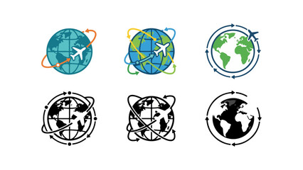 Set of globe and airplane icons showing travel and global flight routes © Hasan Stoke