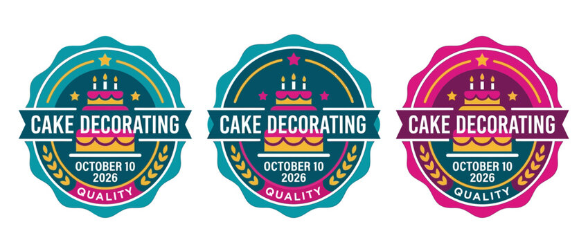 Set of colorful cake decorating labels with pastry icons