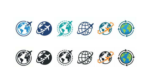 Set of travel icons showing airplanes flying around the world globe for tourism and international flight aviation design