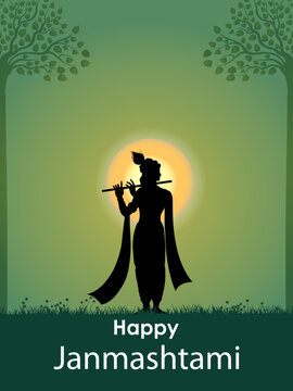 Happy Krishna Janmashtami Greeting Card with Lord Krishna Silhouette Vector