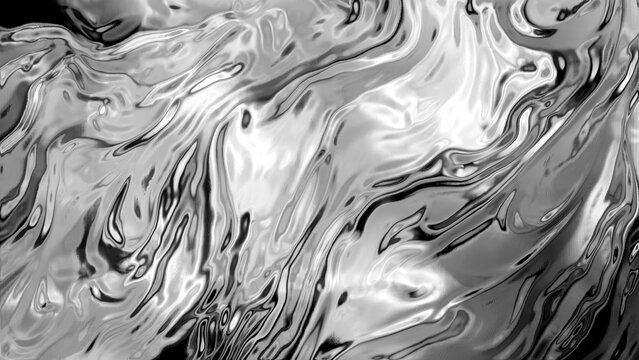 Abstract fluid silver liquid metal texture with wavy chrome reflections and dark background.
