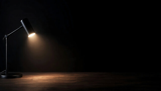 Modern black desk lamp lighting a wooden table against a dark empty background for product display