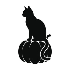 Black cat sitting on pumpkin, Halloween vector icon, silhouette illustration, feline decoration © MDImrul