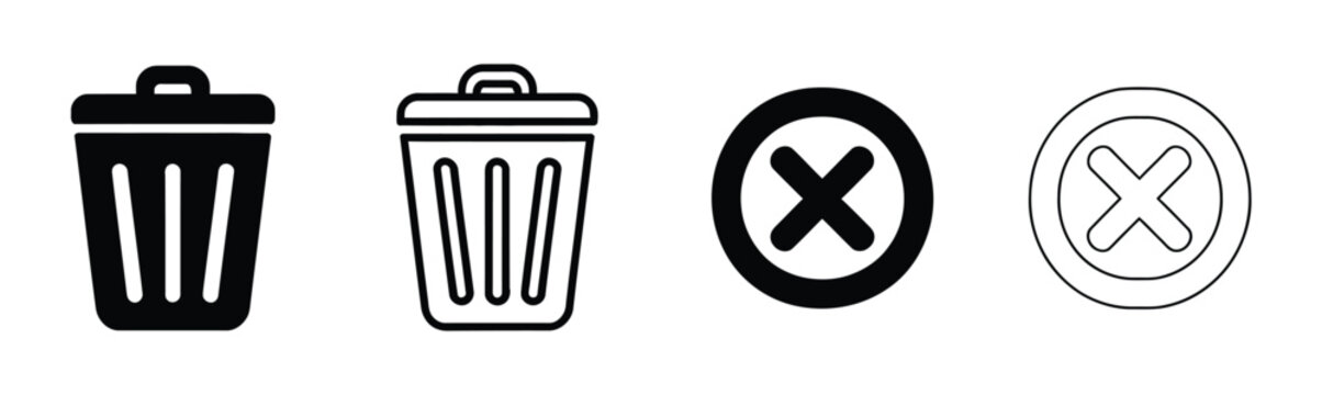 Trash can icon set with cross mark symbols, delete and removal signs for web user interface, file management, digital tools, and application design.