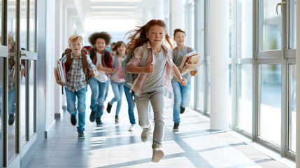 Fototapeta premium Children Moving Through Bright School Corridor with Books and Backpacks, Group of School Pupils Walking and Running in Modern Hallway, Education, Childhood, Environment, Friendship Back to School
