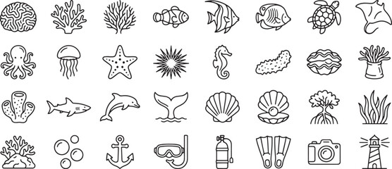 Hand Drawn Marine Life Icon Collection Outline Ocean Sea Animal Vector Set Isolated on White Background © BIJOY
