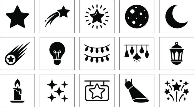 Set of black star moon light and celebration icons isolated on a white background