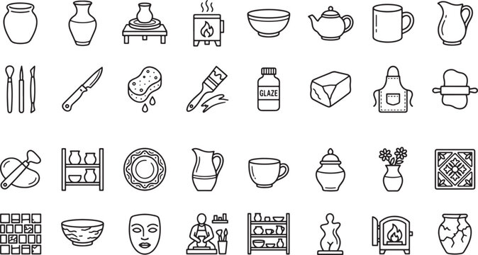 Pottery and Ceramics Making Outline Icon Set