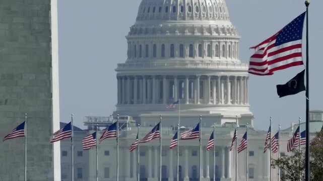 United States Capitol Building with American Flags and Washington Monument in Washington DC
