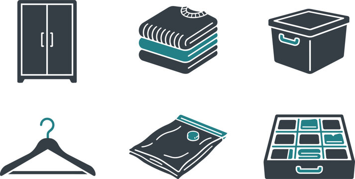 Set of minimalist vector icons for home storage and organization, including wardrobe, clothing, hangers, and storage boxes