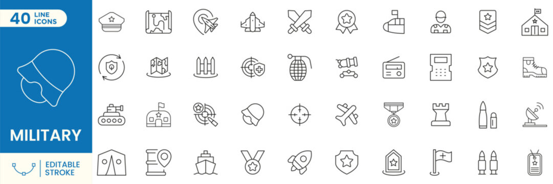 Military line icons set. Army equipment, defense symbols, tactical communication, aviation, naval, security, strategy, combat, surveillance, mission. Editable stroke