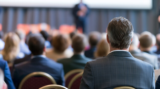 Professional Business Meeting with Conference Speaker and Audience Perspective Rear view of an unrecognized participant attending a business symposium while a speaker delivers a pr