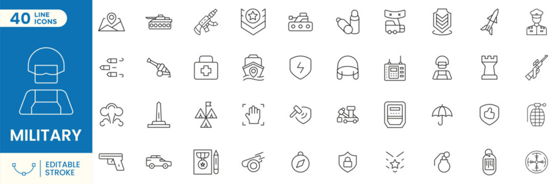 Military and Defense Line Icons Collection for Army, Navy, Air Force, Security, Tactical Equipment, War Strategy, Combat, Protection, Weapon, Surveillance, Editable Stroke Vector Icon Set