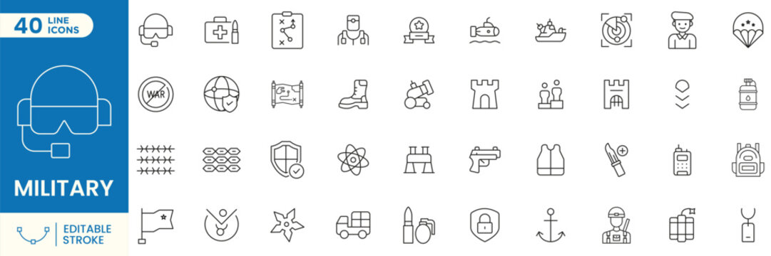 Military Line Icon Set Collection Army Defense War Soldier Weapon Tactical Equipment Editable Stroke Vector Icons