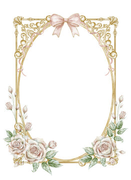 Watercolor wrought iron frame with roses. Illustration of golden border with flowers and pink ribbon bow for wedding invitations, stationery and feminine branding projects. Template for greeting cards