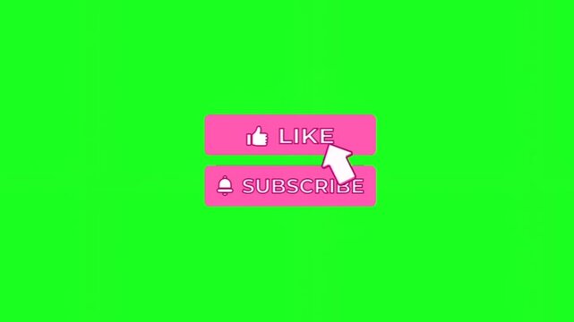 A pink like and subscribe button on a green background with a computer mouse cursor clicking the subscribe button