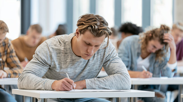 Student Admission Test in Modern Classroom with Focused Learners Students completing an admission examination in a bright university classroom, carefully writing answers and thinki